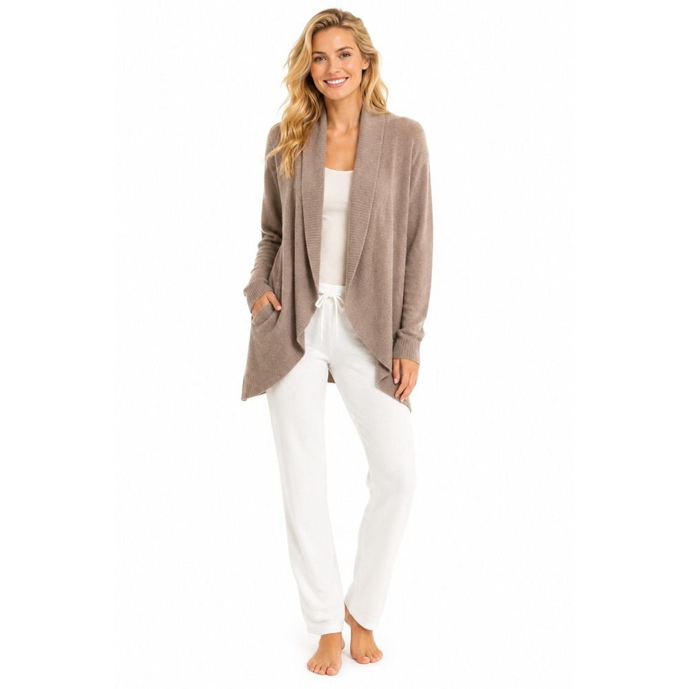 Barefoot Dreams Womens M Cozychic Lite Cardigan Taupe Knit Open Front Soft